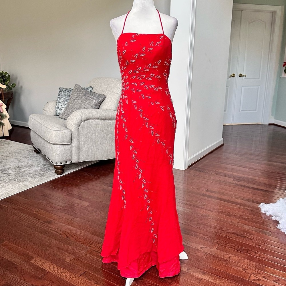 Bicici Red Silver Beaded Halter Neck Unique Pattern Luxury Couture Gown‎ Dress